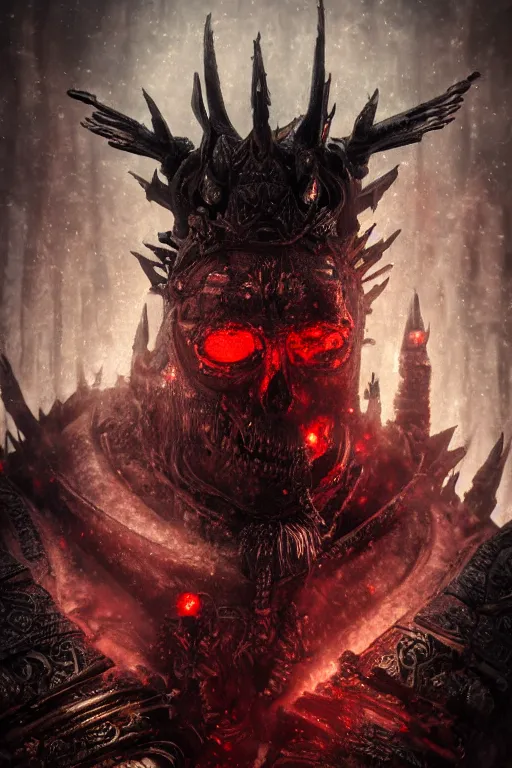 Image similar to a portrait of an ancient decayed lich king, dark fantasy setting, dynamic pose, decay, dull glowing red eyes, close - up, intricate details, intricately detailed clothing and textures, warm lighting, vivid colors, smoke and mist, hyper realistic octane render, volumetric shading, depth of field, raytracing, 8 k,