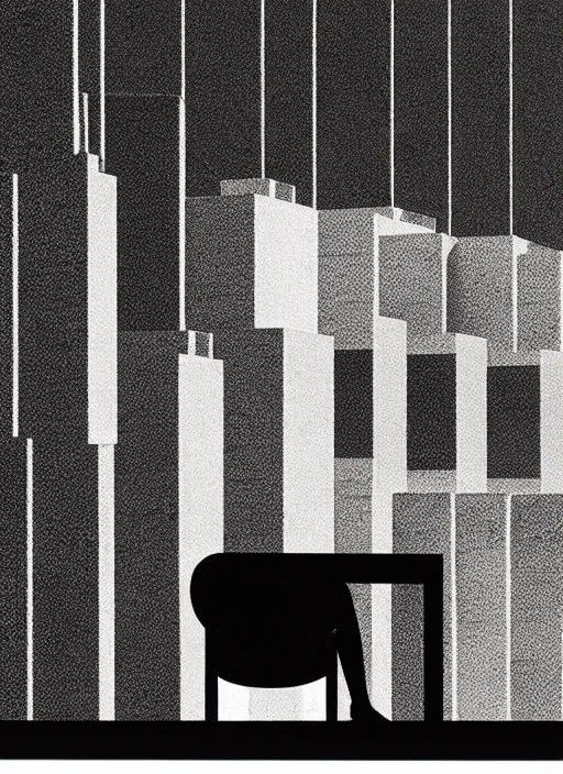 Image similar to (((habitat 67 city on fire lone man in chair))), Mads Berg, Karolis Strautniekas, James Yang, Brutalism, Constructivist, film noir, stippled light, dramatic lighting,editorial illustration, detailed, matte print, dark orange black white red