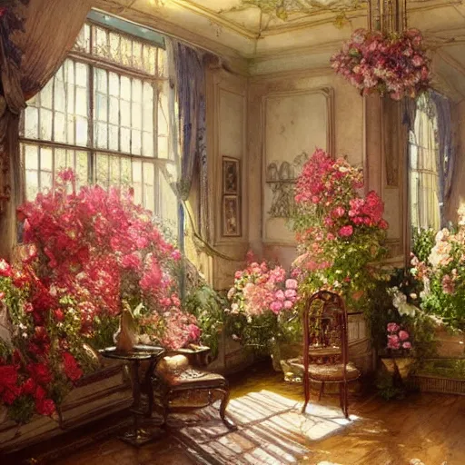 Prompt: a beautifull intricate watercolour painting of a victorian room with flowers, reflexions, verry high details by william turner art, greg rutkowski and alphonse mucha, trending on artstation, very very detailed, masterpiece, wide lens,