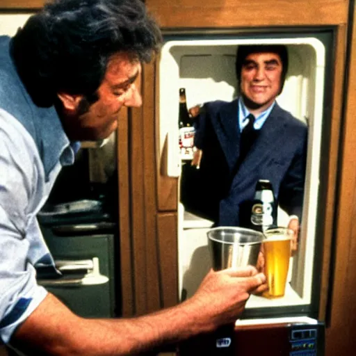 Image similar to columbo getting a beer out of the fridge