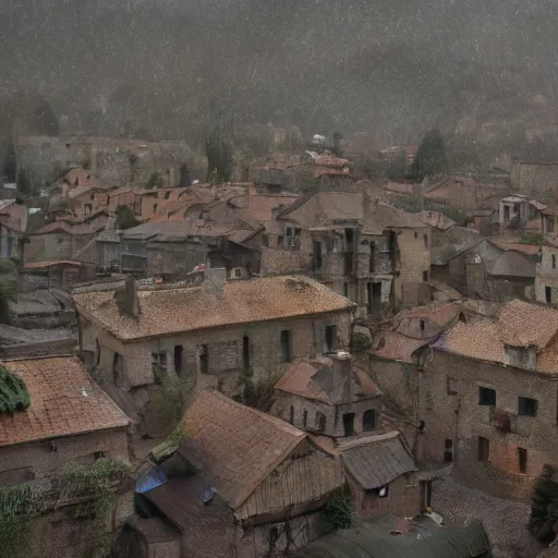 Image similar to the center of a poor medieval town under heavy rain at late dawn, in a valley, surrounded by mountains, highly detailed, octane render, ultra detailed cinematic, 8 k, widescreen, 1 6 : 9, hd