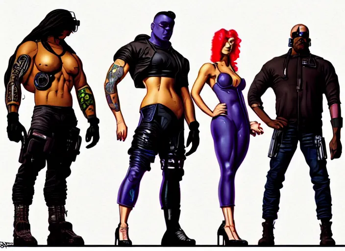 Image similar to cyberpunk bodybuilder gang. portrait by stonehouse and mœbius and will eisner and gil elvgren and pixar. character design. realistic proportions. cyberpunk 2 0 7 7 character art, blade runner 2 0 4 9 concept art. cel shading. attractive face. thick lines. the team. diverse characters. artstationhq.