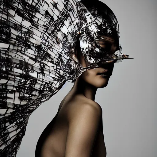 Image similar to a japanese model wearing a kimono designed by iris van herpen, photographed by andrew thomas huang