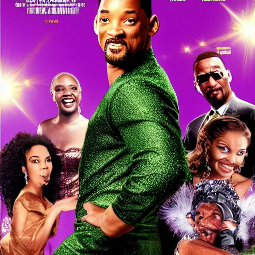 Prompt: movie poster cover of Will Smith, wearing a sparkly green dress, comedy movie cover