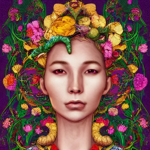 Image similar to the portrait of an absurdly beautiful, graceful, elegant, and wise woman made of bananas and petals, an ultrafine detailed illustration by kim jung gi, irakli nadar, intricate linework, bright colors, final fantasy, behance contest winner, angular, unreal engine 5 highly rendered, global illumination, radiant light, detailed and intricate environment