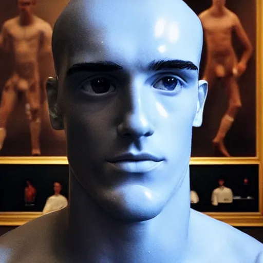 Image similar to “ a realistic detailed photo of a guy who is an attractive humanoid who is half robot and half humanoid, who is a male android, soccer player antoine griezmann, shiny skin, posing like a statue, blank stare, at the museum, on display ”