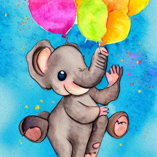 Prompt: watercolor baby elephant with trunk up in air and confetti flying in air, white background, blank background