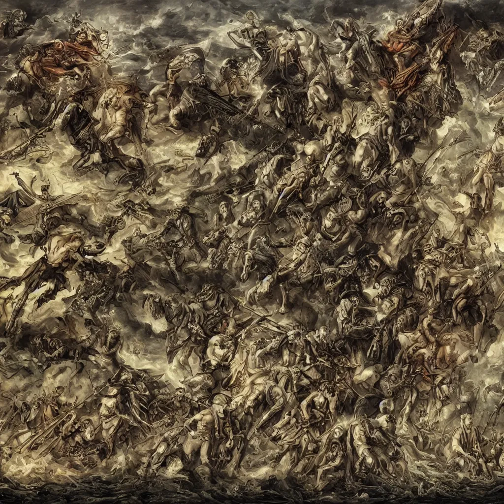 Image similar to a visualization of the apocalypse. death, famine, war, conquest, style of zdislaw beksinksi