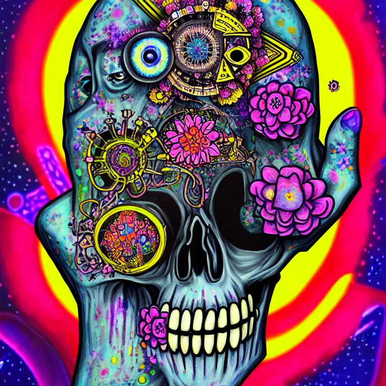 Prompt: a mixed media painting self portrait of a stunning skullboy. skull atoms, gotic harts, flowers, spaceships, hamsa hand, by [ xsullo ], behance contest winner, psychedelic art, psychedelic, high detailed, groovy