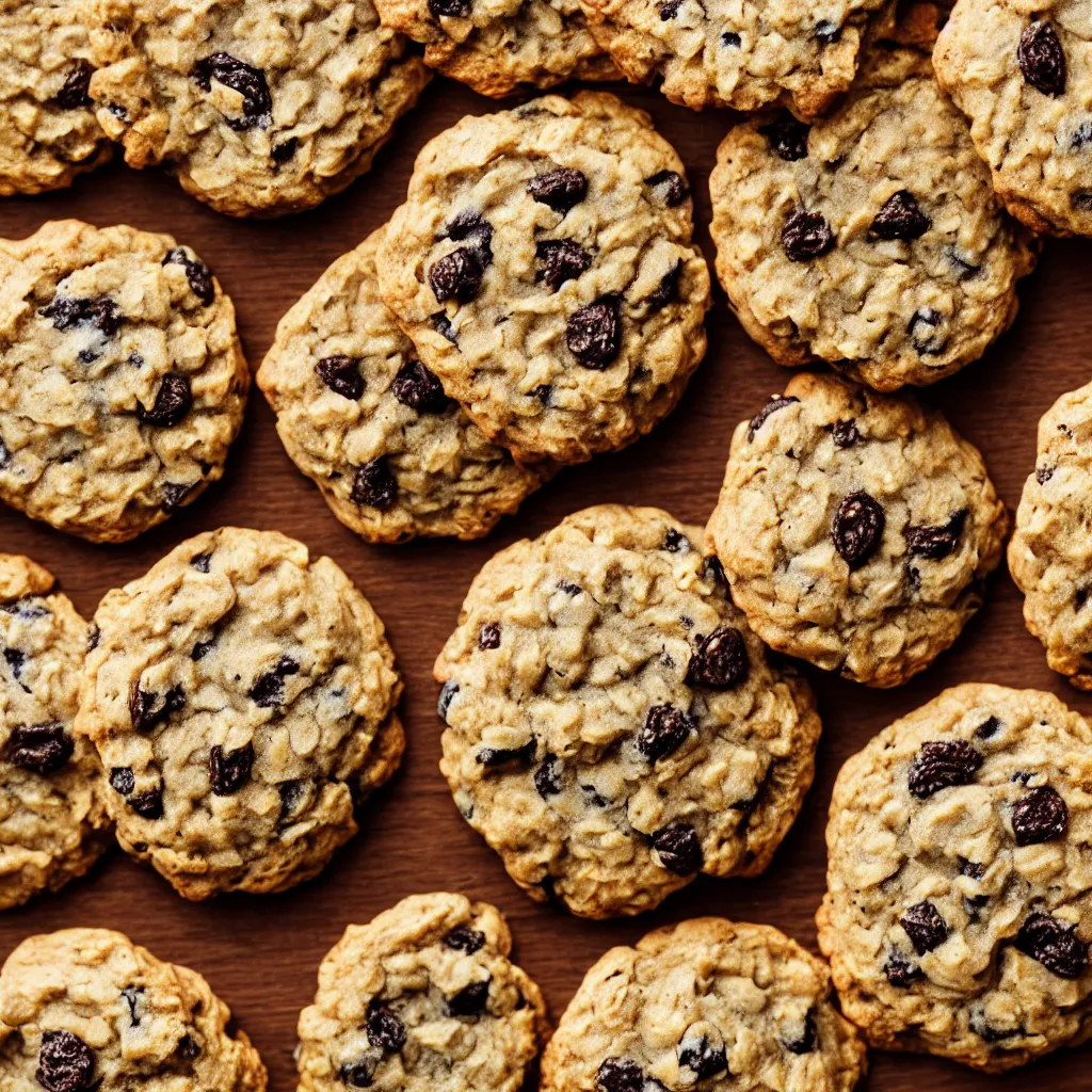 Image similar to close - up view of singular brown oatmeal raisin cookies on top of a wooden table, 8 k, high detail, photorealistic, proper shading