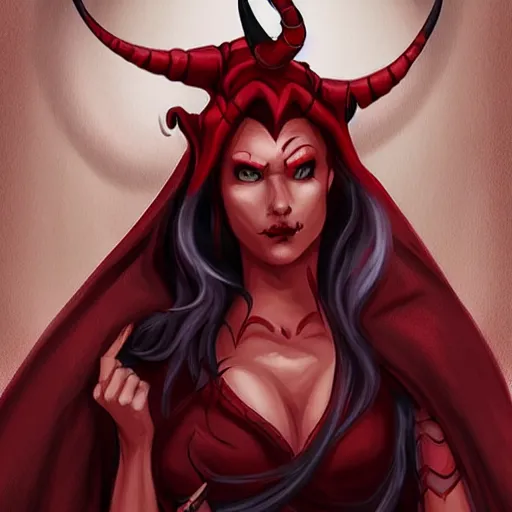 Image similar to Dungeons and Dragons character art for a female tiefling with red skin, horns, and a black cloak