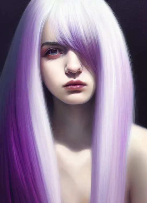 Image similar to hair whitebangs hair, black hair, whitebangs, portrait of teenage girl with white bangs, red irises, purple clothes, white bangs, bangs are different color from hair, intricate, elegant, glowing lights, highly detailed, digital painting, artstation, concept art, smooth, sharp focus, illustration, art by wlop, mars ravelo and greg rutkowski