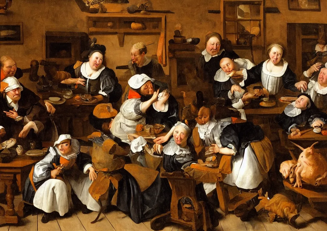 Image similar to Jan Steen. One Beautiful woman big in the center looking at us. Pig, dog, duck, window. Netherlands tavern, low ceiling, small chamber. Hyperrealistic, ultra detailed, 80mm, museum, artwork.