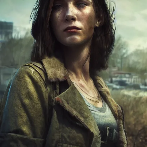 Image similar to fallout 5, charismatic beautiful rugged brunette female protagonist, portrait, outdoors ruined cityscape, atmospheric lighting, painted, intricate, volumetric lighting, beautiful, daytime, sunny weather, slight overcast, sharp focus, deep colours, ultra detailed, by leesha hannigan, ross tran, thierry doizon, kai carpenter, ignacio fernandez rios