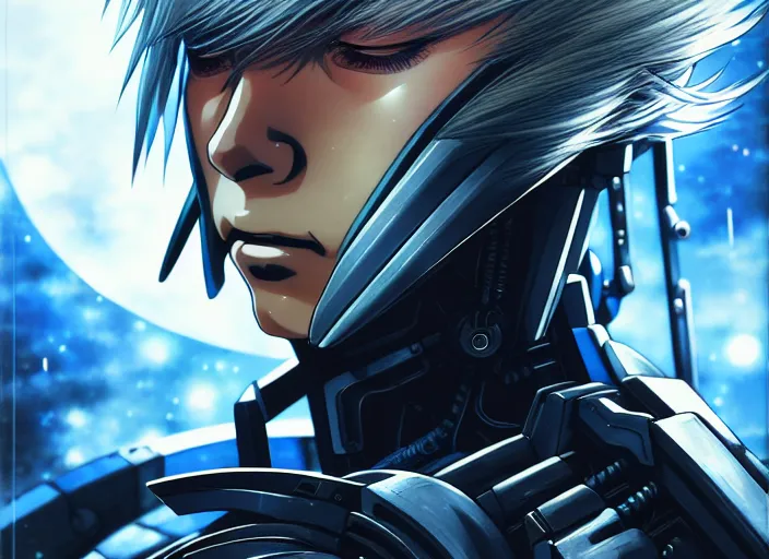 Image similar to a anime portrait of a cyborg raiden, finely detailed features, closeup at the face, sharp focus, perfect art, night - time city background, cinematic lighting, highly detailed, intricate, anime, illustration, artstation, trending on pixiv fanbox, painted by greg rutkowski, studio ghibli, yoji shinkawa, hayao miyazaki,