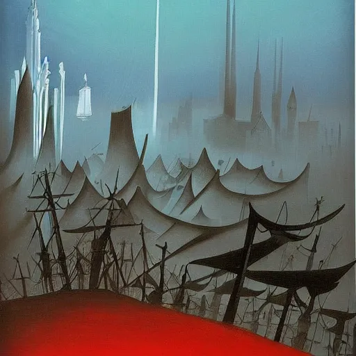 Image similar to by yves tanguy, by thomas w schaller doom. a beautiful land art of a cityscape with tall spires & delicate bridges.