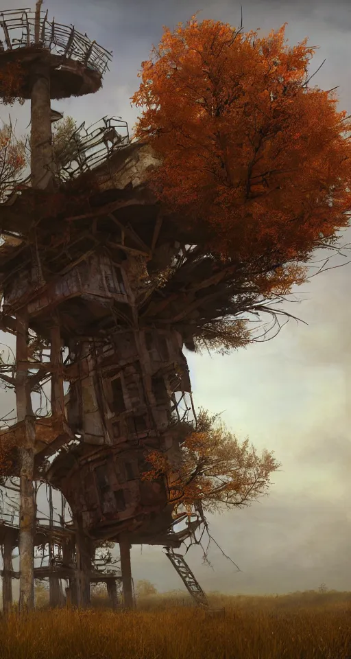 Image similar to tree house on a rusty broken building constructions of a giant upside - down spiral edgy staircase, leading to the sky, the ruins, in the steppe, autumn field, misty background, from the game pathologic 2, highly detailed, sharp focus, matte painting, by isaac levitan and asher brown durand,