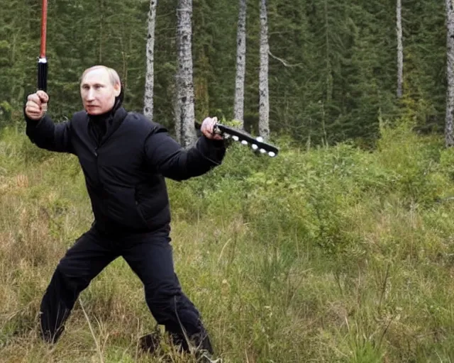 Prompt: putin hunting a bear with a lightsaber, photo, close up, fight