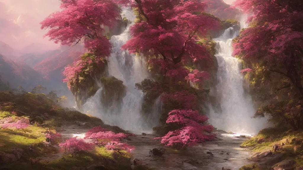 Prompt: the most beautiful panoramic landscape, oil painting, where a giant dreamy waterfall creates a river, the trees around are starting to bloom in pink color, by greg rutkowski