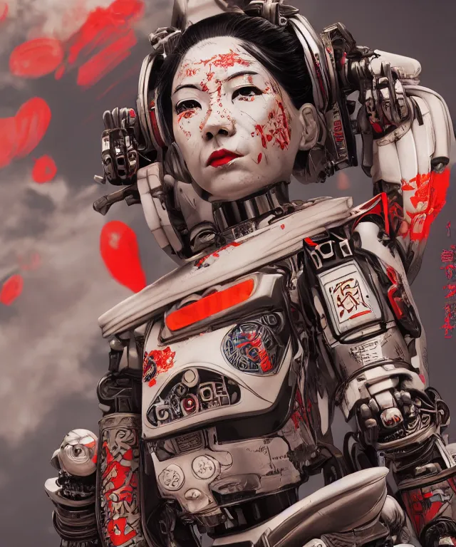 Image similar to an epic fantastic realism comic book style portrait painting of a japanese robotic geisha with kanji tattoos and decals, apex legends, octane render, intricate detail, 4 k hd, unreal engine 5