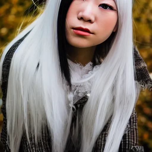 Prompt: Portrait of a japanese young lady with a long white, white hair!!!, white hair!!!, ayaka cosplay, white hair!!!, young with white hair!!!!!, Canon EOS R3, f/1.4, ISO 200, 1/160s, 8K, RAW, unedited, symmetrical balance, in-frame