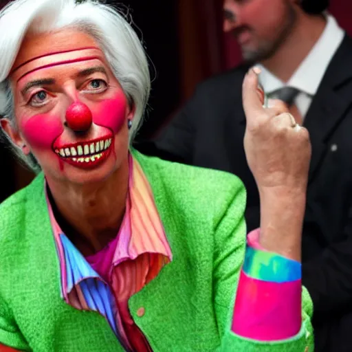 Image similar to Christine Lagarde with colorful clown makeup all over his face