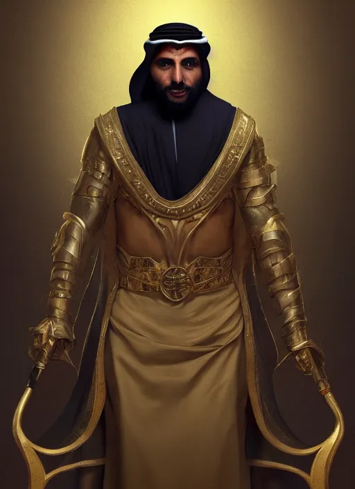 Prompt: portrait of sheikh mohammad ruler of dubai as goblin, trending in artstation, cinematic lighting, studio quality, smooth render, unreal engine 5 rendered, octane rendered, art style by klimt and nixeu and ian sprigger and wlop and krenz cushart.
