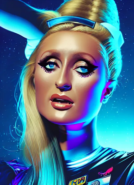 Prompt: retrofuturistic portrait of paris hilton, space graphics art in background, close up, wlop, dan mumford, artgerm, liam brazier, peter mohrbacher, 8 k, raw, featured in artstation, octane render, cinematic, elegant, intricate, 8 k