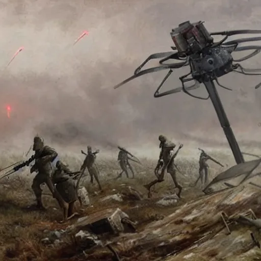 Prompt: war of the worlds, martian tripods attack russian ww i army, intense fighting, dital painting, very detailed, art by jakub rozalski