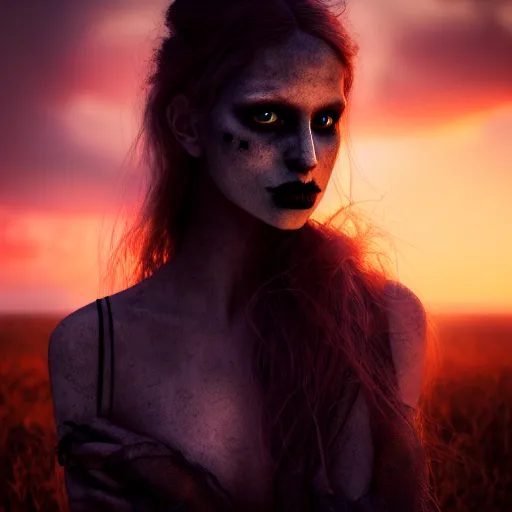 Image similar to photographic portrait of a stunningly beautiful gothic femalewith glowing eyes in soft dreamy light at sunset, contemporary fashion shoot, by edward robert hughes, annie leibovitz and steve mccurry, david lazar, jimmy nelsson, breathtaking, 8 k resolution, extremely detailed, beautiful, establishing shot, artistic, hyperrealistic, beautiful face, octane render