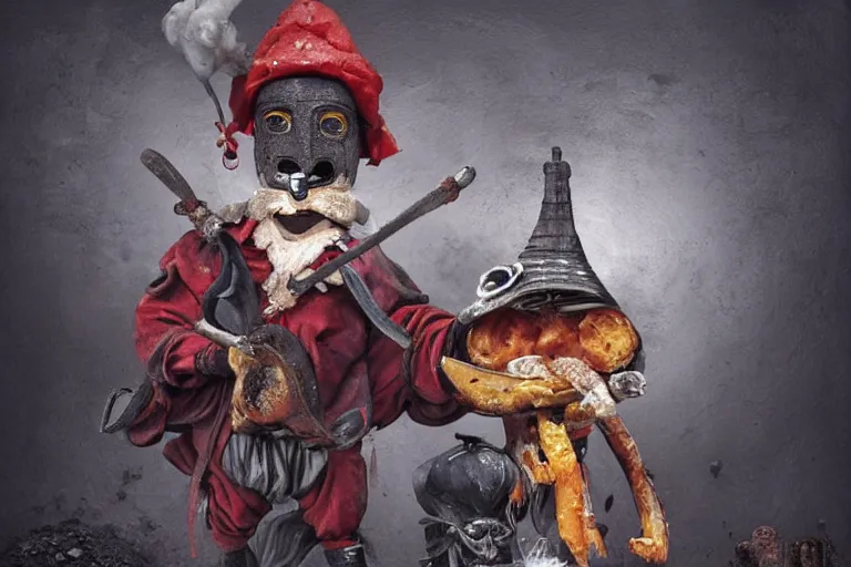 Image similar to a highly detailed pulcinella!! from naples, holding pizza! sign!, volcano, black sky, smoke, lava!, post - apocalyptic road warrior vibe, full body, wide angle, an ultrafine detailed painting by joe fenton, trending on deviantart, pop surrealism, whimsical, lowbrow, perfect symmetrical face, sharp focus, octane, masterpiece