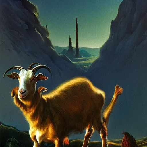 Prompt: goat in the painted world of resident evil and bruce pennington, head and shoulders masterpiece, apocalypse, golden hour, cosmic horror, artstation, in the style of goya and edward hopper and bosch, extremely detailed