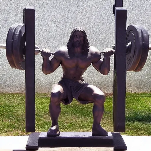 Image similar to jesus christ benchpressing large weights, roman sculpture