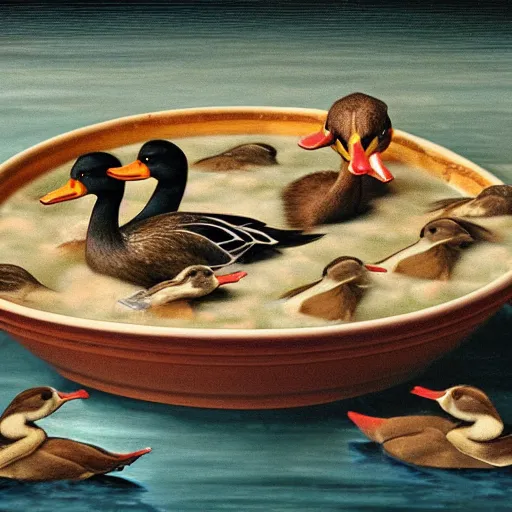 Image similar to ducks swimming in a big bowl of soup, renaissance painting, morning lighting, 8k