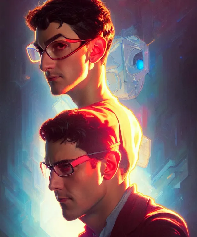 Image similar to Hacker man hologram portrait, highly detailed, digital painting, artstation, concept art, smooth, sharp focus, illustration, art by artgerm and greg rutkowski and alphonse mucha