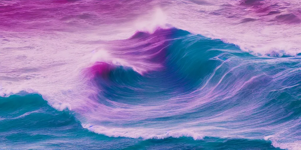 Image similar to blue purple and pink colored ocean waves rolling into the beach that look like the great wave off Kanagawa, high resolution, 8k