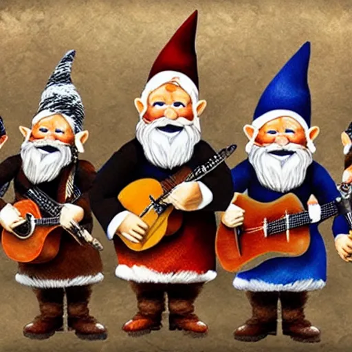 Image similar to gnomes playing in a band, musical instruments,