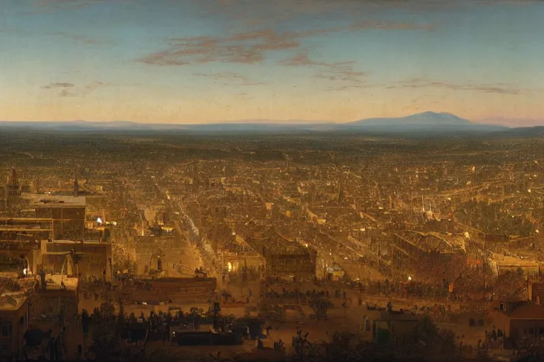 Prompt: birds eye view of a small but busy downtown midwestern town, 1 8 0 0 s, rule of thirds, matte painting, highly detailed, cinematic lighting, by albert bierstadt, frederic edwin church