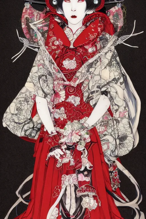 Prompt: avant - garde japanese bjd geisha vampire queen in victorian red dress in the style of dark - fantasy lolita fashion painted by yoshitaka amano, takato yamamoto, james jean, dmt art, symmetrical vogue face portrait, volumetrics, intricate detail, artstation, cgsociety, artgerm, gold skulls, rococo