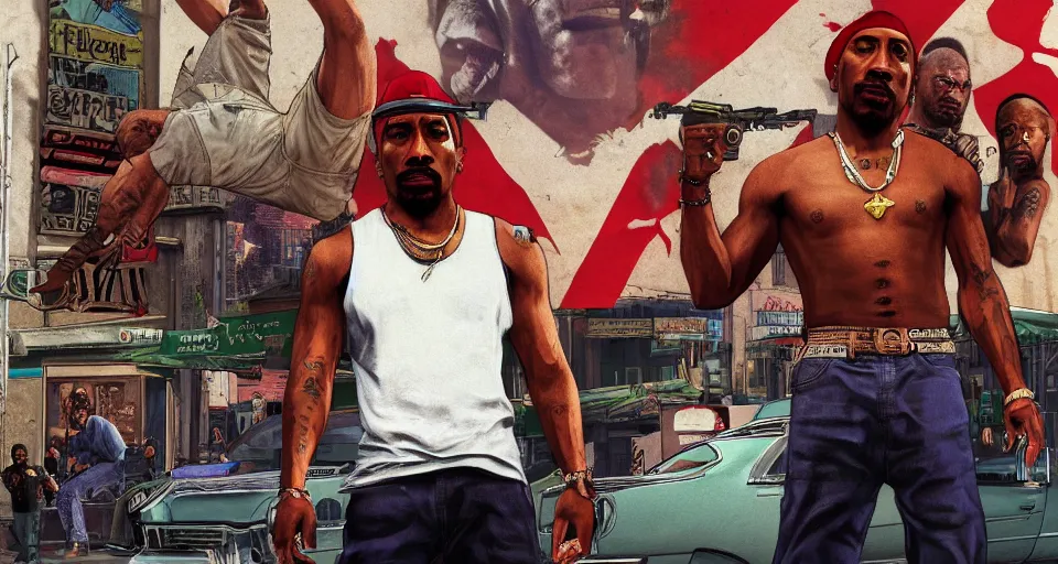 Image similar to 2Pac in GTA V, cover art by Stephen Bliss, no text, Ultra detailed, hyper realistic 4k