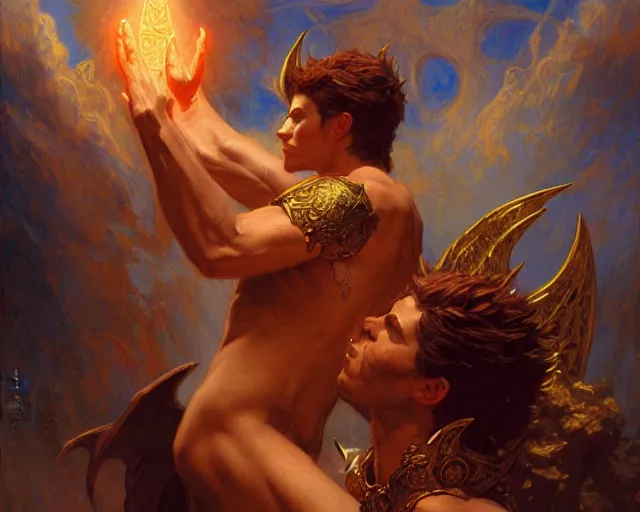 Image similar to attractive male deity, casting demonic magic, summoning handsome lucifer morning star. highly detailed painting by gaston bussiere, craig mullins, j. c. leyendecker 8 k