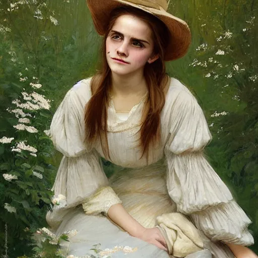 Image similar to sleeping thick paint brush strokes full body fashion model emma watson by Jeremy Lipking by Hasui Kawase by Richard Schmid (((smokey eyes makeup eye shadow fantasy, glow, shimmer as victorian woman in a long white frilly lace dress and a large white hat having tea in a sunroom filled with flowers, roses and lush fern flowers ,intricate, night, highly detailed, dramatic lighting))) , high quality