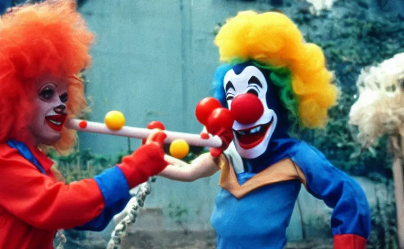 Image similar to 7 0 s movie still of jenny mccarthy in a clown outfit batting an octopus with nunchucks, kodachrome, cinecolor, cinestill, highly detailed, photorealistic, cinematic, film grain,