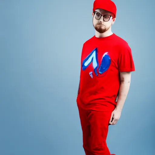 Image similar to a full body shot of an average white, short young - adult man with blue dyed hair, wearing a red backwards cap, white t - shirt with a red no symbol on it, blue long pants and red shoes, holding a microphone, studio lighting, photoshoot, grey background