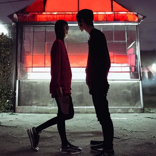 Image similar to a tiny nightclub with a few red chinese lanterns, a couple of modern subculture teenagers standing and talking to each other, wearing black modern clothes, designed by rick owens, hyperrealistic, extremely lifelike attributes & lifelike texture, hyperdetailed, colorful, by gregory crewdson