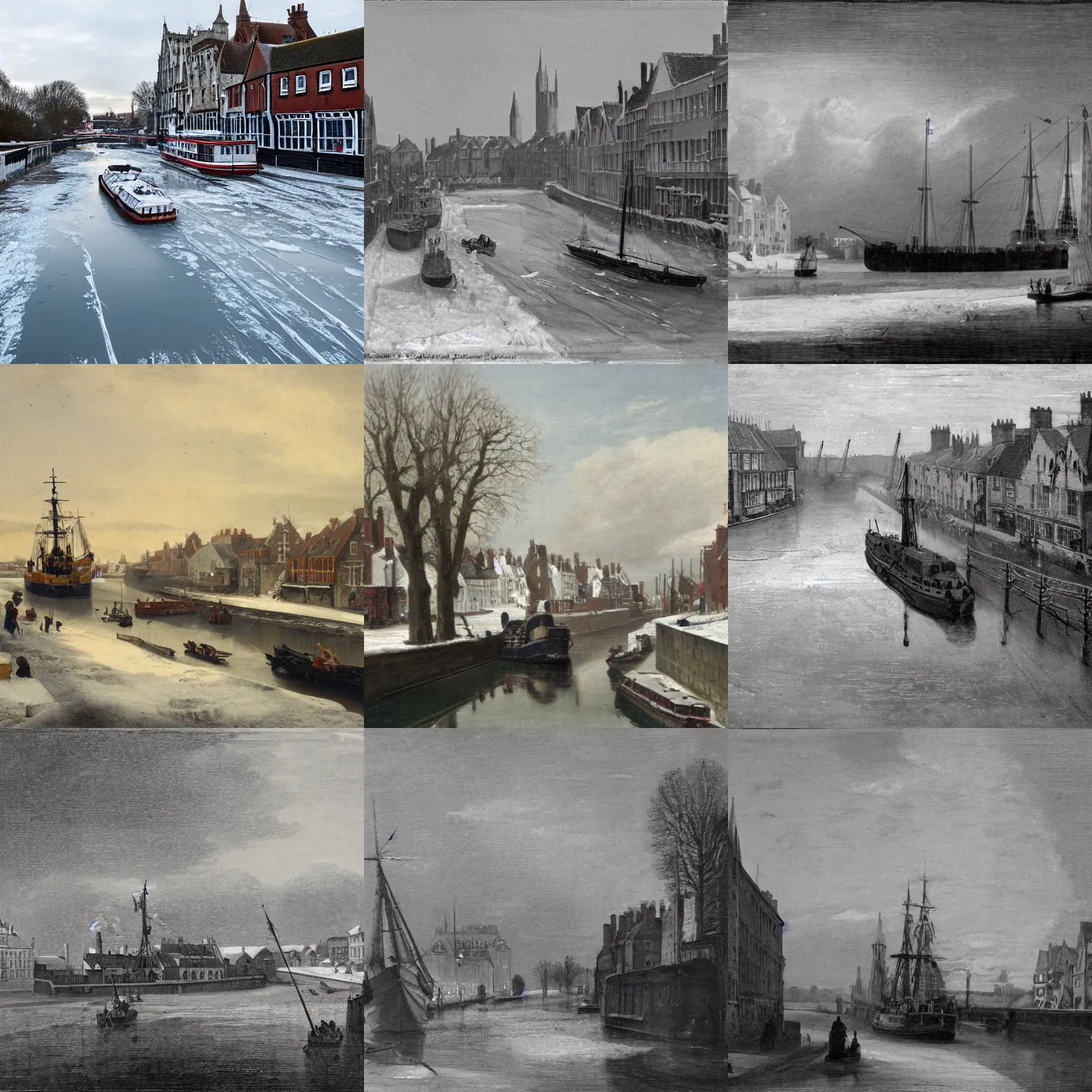 Prompt: warship on a frozen river stour, seen from canterbury high street