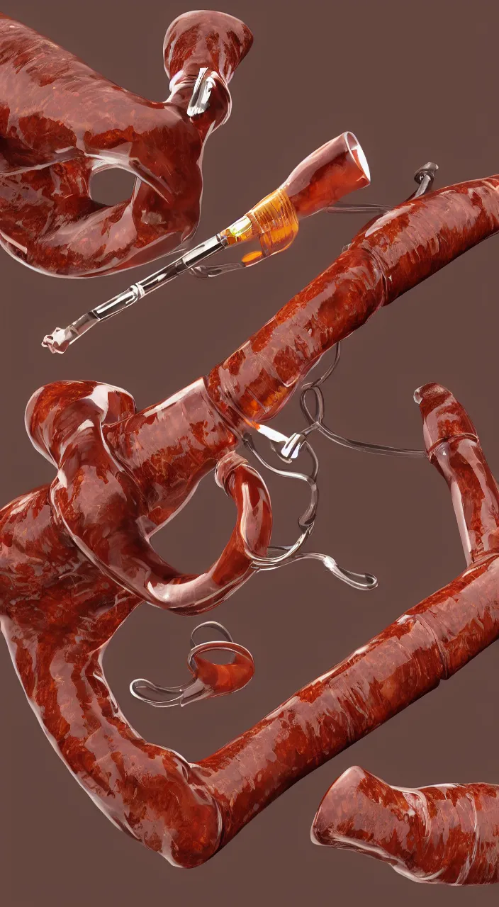 Prompt: a ceramic bag pipe shaped like a human oesophagus, in the style of a colour medical illustration, unreal engine, 8 k