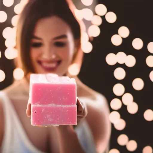 Image similar to beautiful advertising photo of a woman holding scented soap bars up to the viewer, smiling, summer outdoors photography at sunrise, bokeh, bloom effect