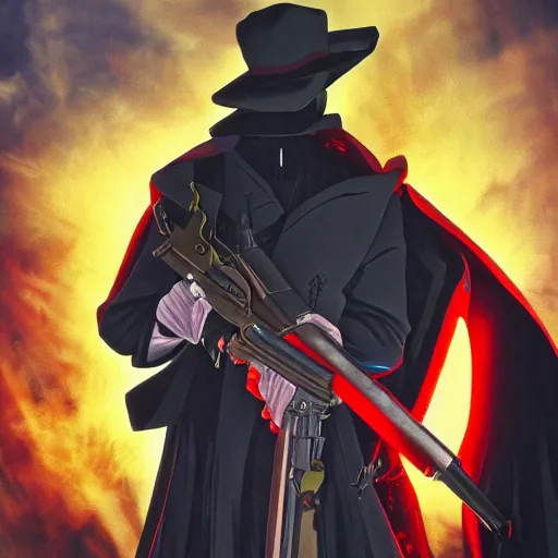 Image similar to a shot of a grim reaper as gunsliger man in trigun series, movie shot, anime, hightly detailed, rescalated 4 k, detailed