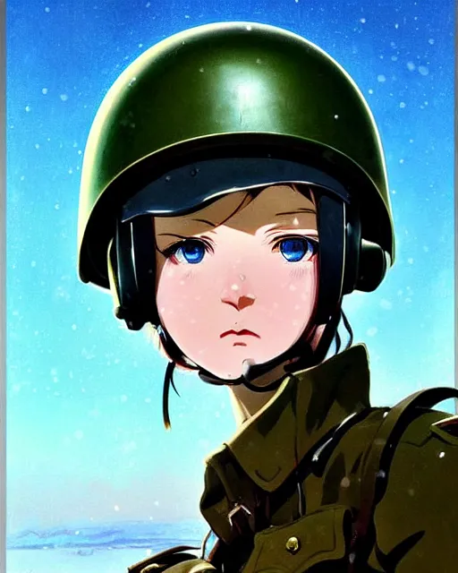 Image similar to ww 2 german soldier, snow, helmet | | very very anime!!!, fine - face, audrey plaza, realistic shaded perfect face, fine details. anime. realistic shaded lighting poster by ilya kuvshinov katsuhiro otomo ghost - in - the - shell, magali villeneuve, artgerm, jeremy lipkin and michael garmash and rob rey